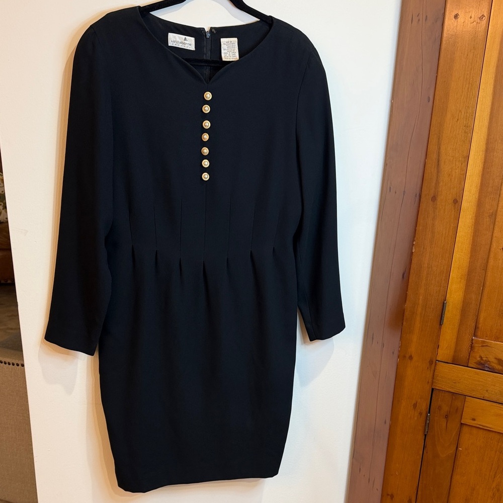 Vintage Liz Claiborne Black Shift Dress w/Pleats & Pearl/Gold Buttons -80s, Chic